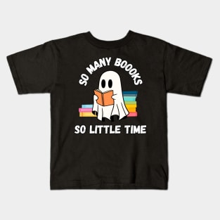 So many boooks so little time. Halloween cute little ghost reading books Kids T-Shirt